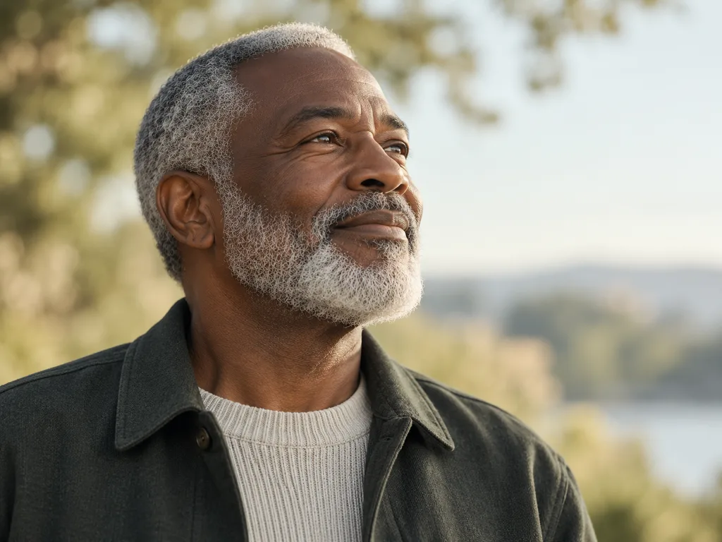 An older man reflecting outdoors
